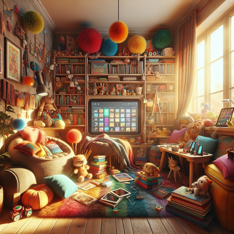 A storytelling corner with props, books, and tablets in a bright, colorful room.