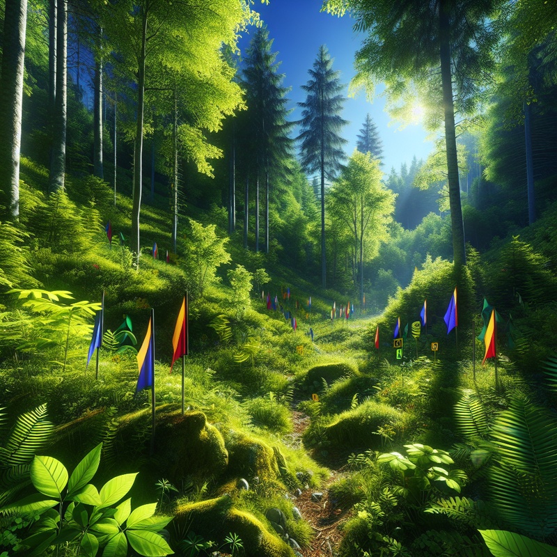 Forest with orienteering flags and lush greenery.