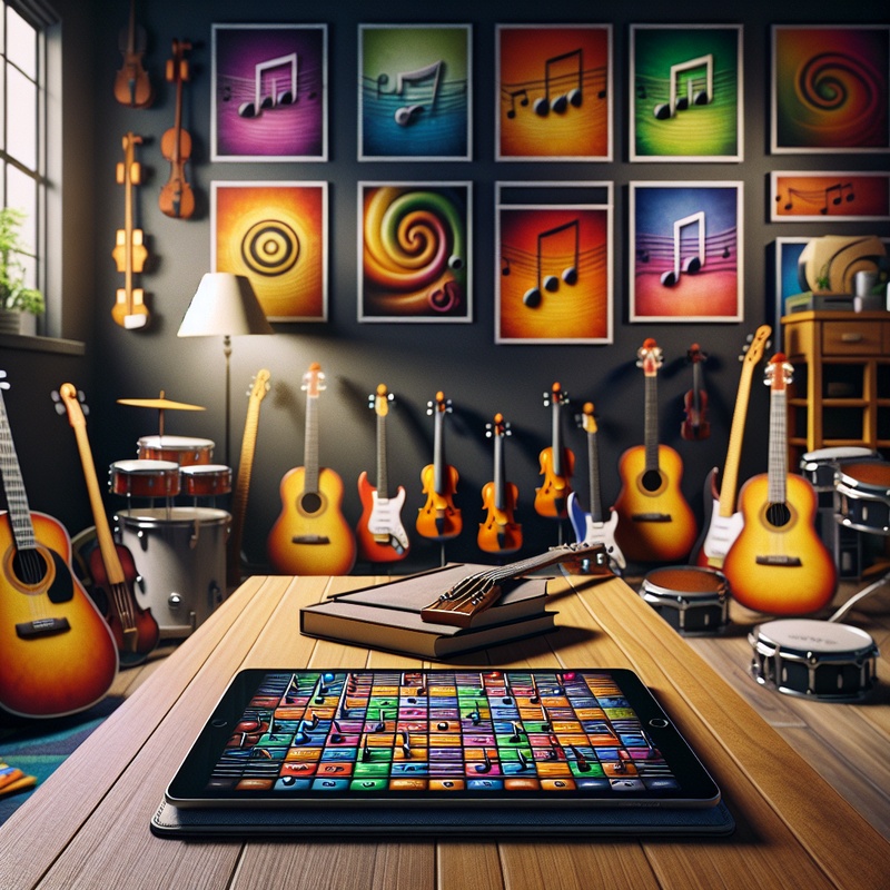 A music practice room with instruments, posters, and a tablet displaying a music game.