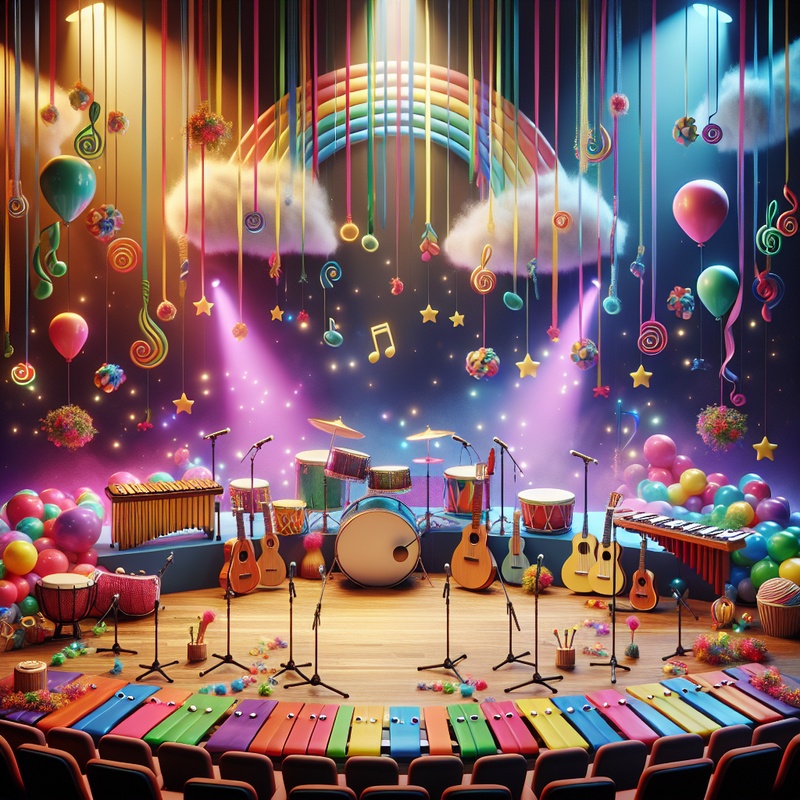A lively stage setup for a kids' music show with instruments and colorful decorations.