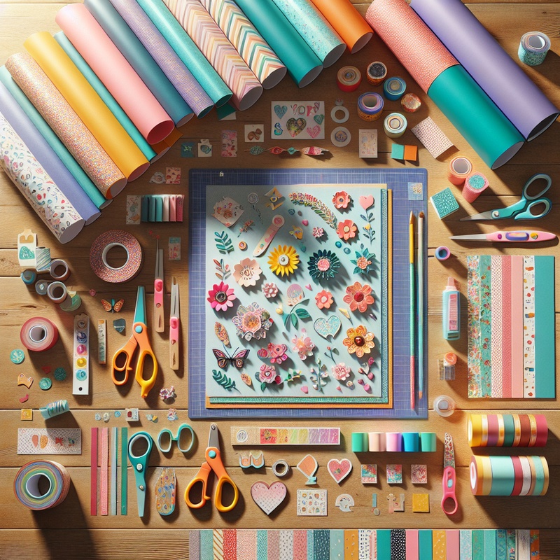 A scrapbook workspace with colorful materials and tools on a table.