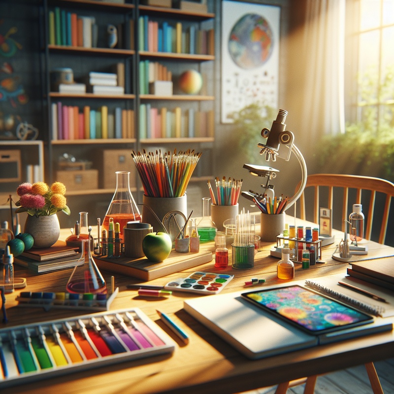 A well-organized learning area with various educational materials and natural lighting.