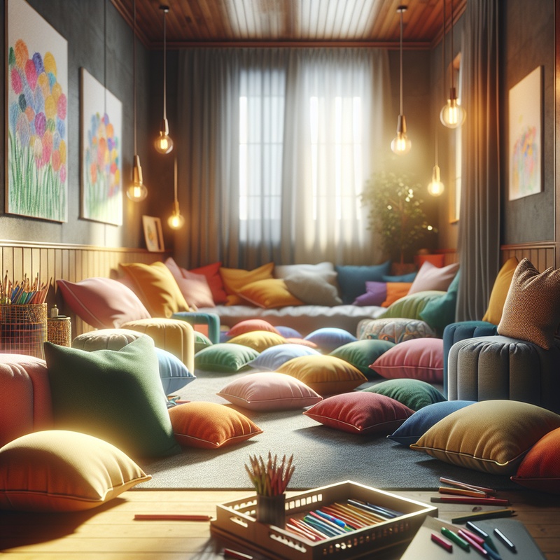 A colorful playroom with cushions, art supplies, and soft lighting.