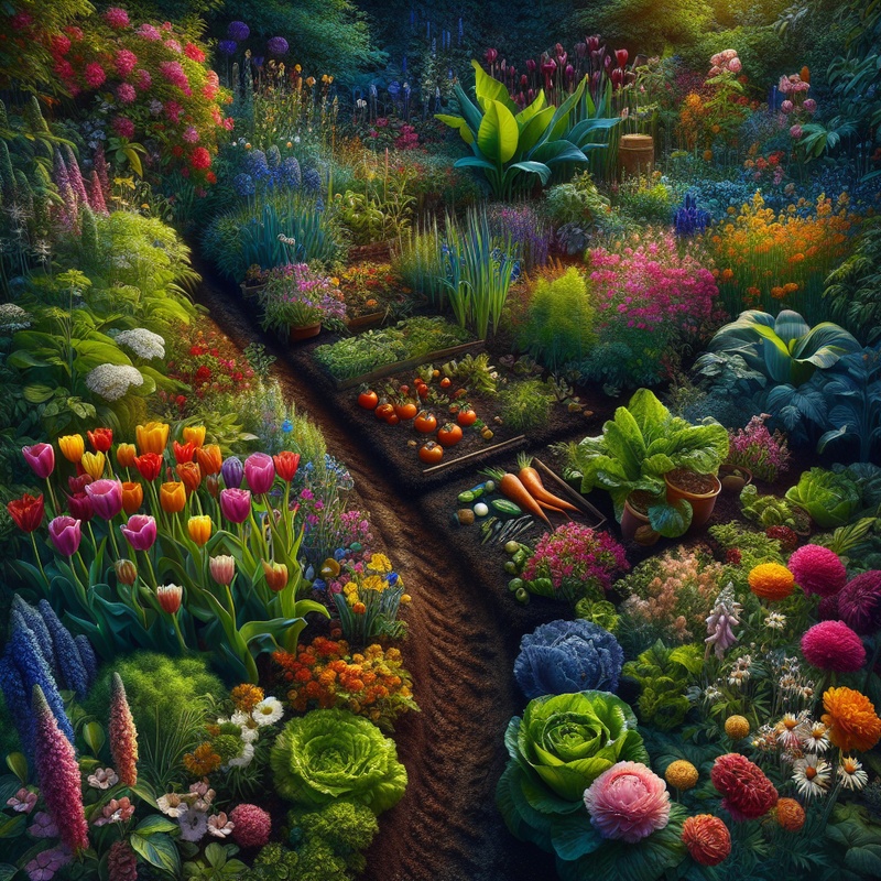 A colorful garden with various plants and a vegetable patch in sunlight.