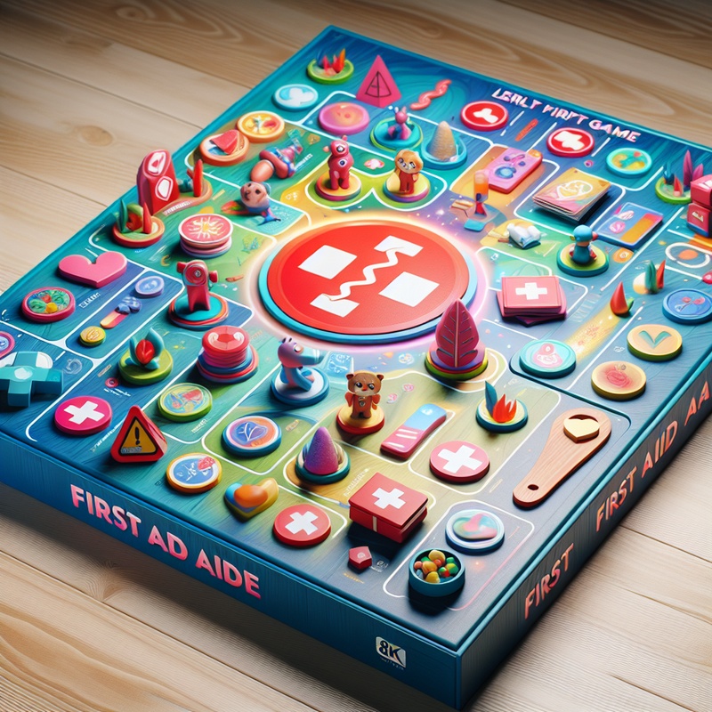 A colorful first aid-themed board game on a table.