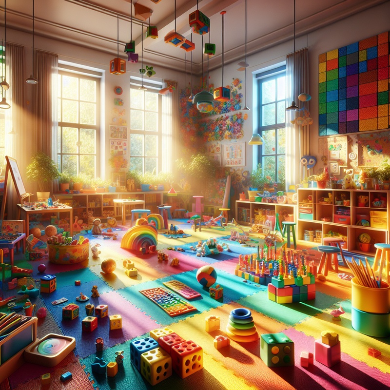 A bright playroom filled with toys and art materials.