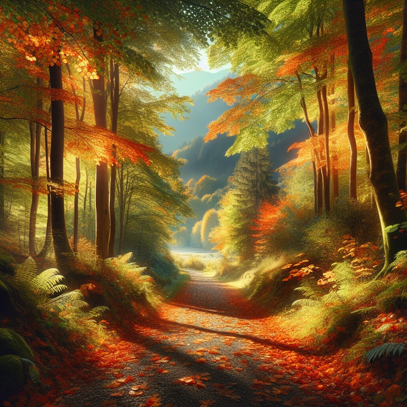 Forest trail with autumn leaves and sunlight filtering through trees.