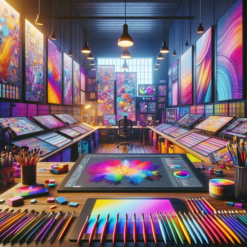 A digital art studio with tablets, brushes, and software interfaces.