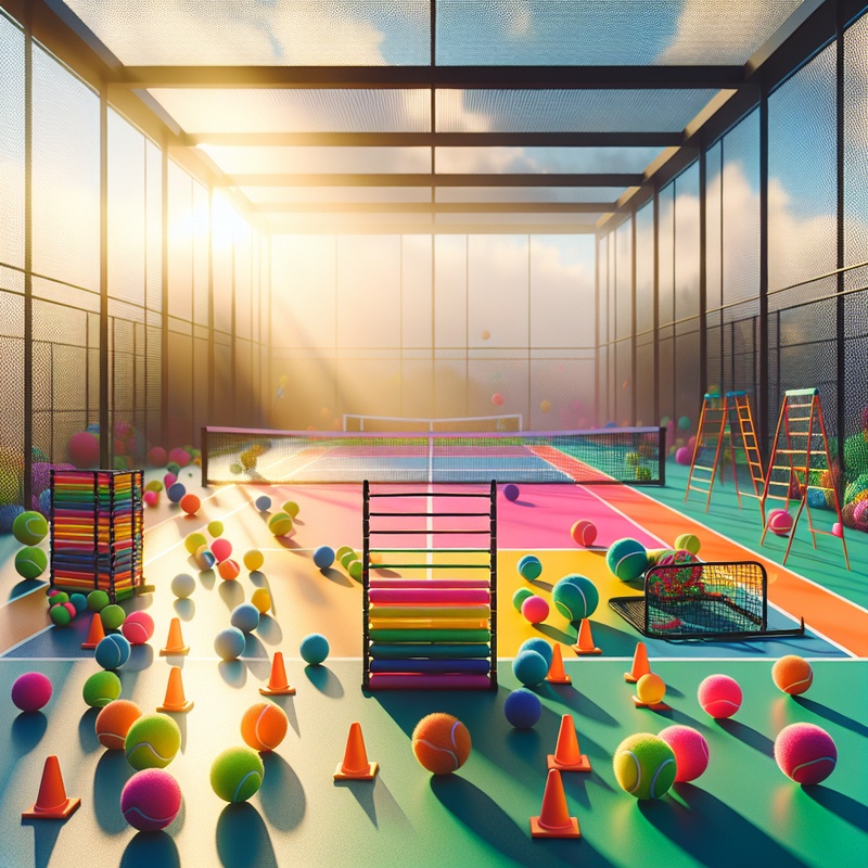 Tennis court with foam balls, mini nets, agility ladders, and cones.