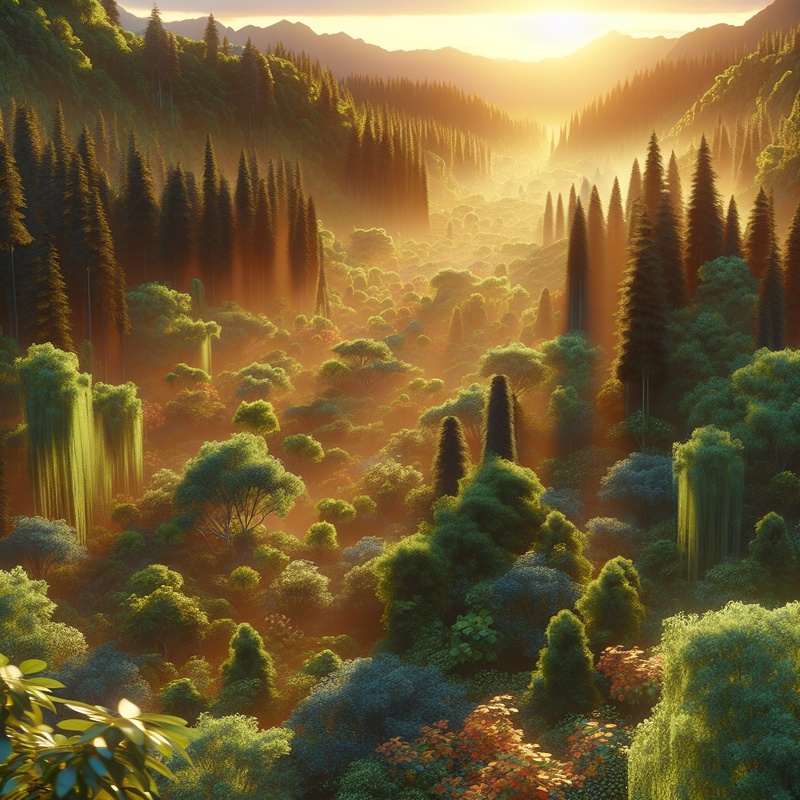 A sunset over a forest with detailed leaf patterns and textures.