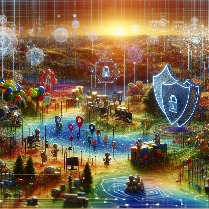 Illustration of a digital landscape with cybersecurity symbols and educational elements.