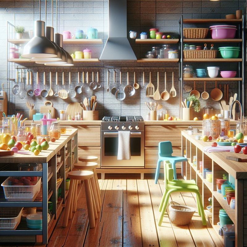 A bright kitchen with colorful cooking tools and fresh ingredients.