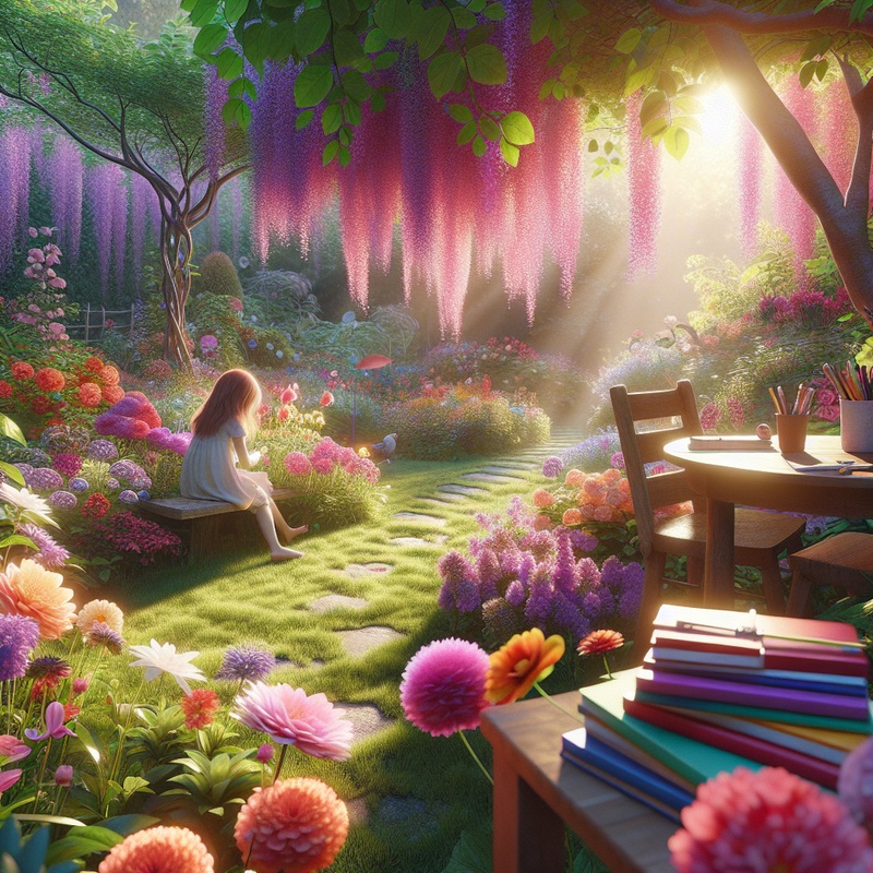 A peaceful garden with a journaling nook, colorful notebooks, and flowers.