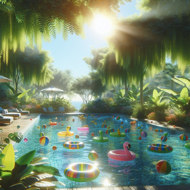 A bright swimming pool with floating toys and greenery.