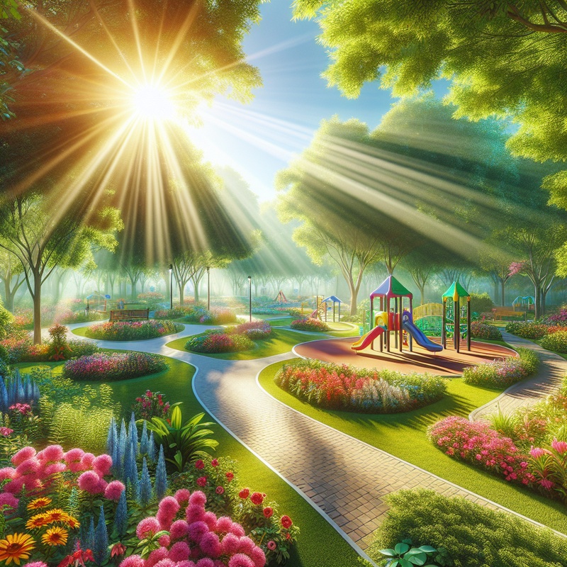 A peaceful park with flowers, a path, and a playground.