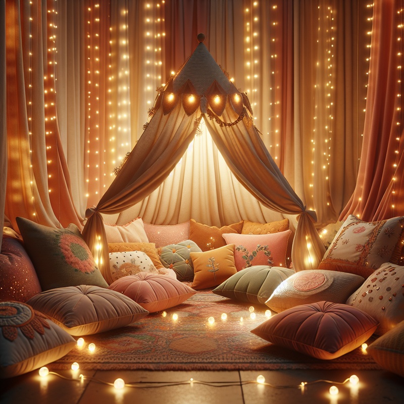 A cozy corner with cushions, fairy lights, and a tent for storytelling.