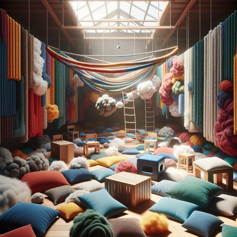 Indoor obstacle course with cushions, chairs, and blankets.
