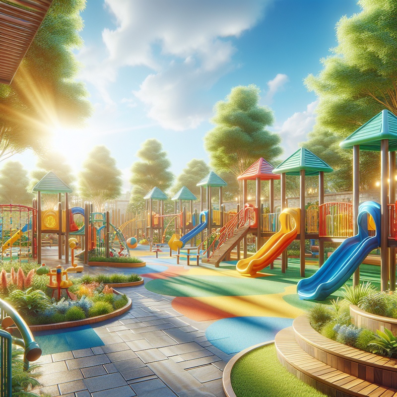 Playground with colorful equipment and greenery under blue skies.