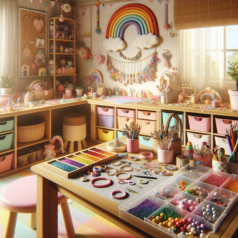 A colorful jewelry crafting station for kids with beads and tools in a rainbow-themed room.