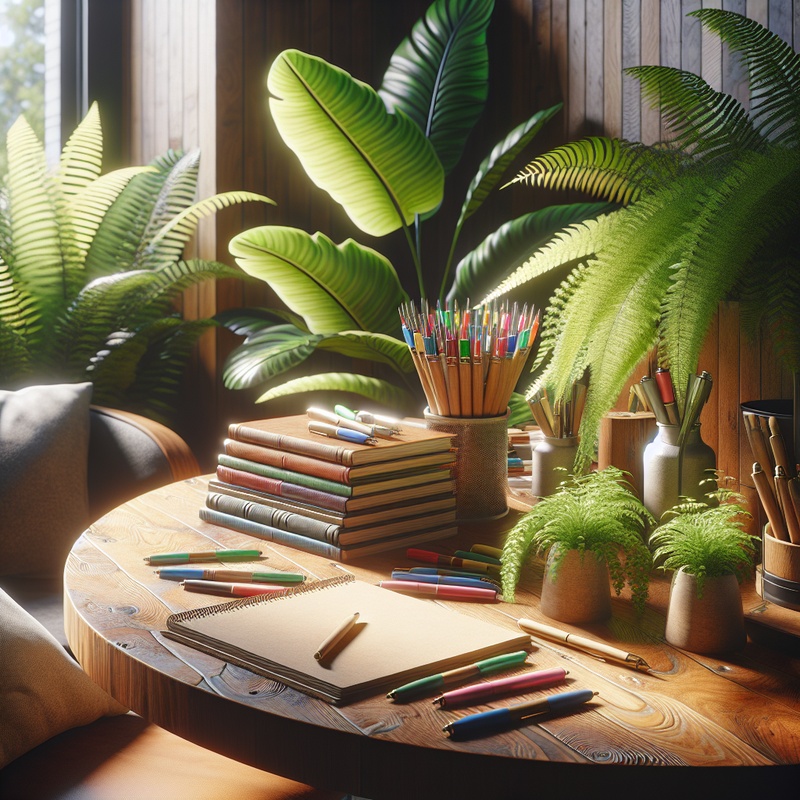 A peaceful writing space with a journal, pens, and plants on a desk.