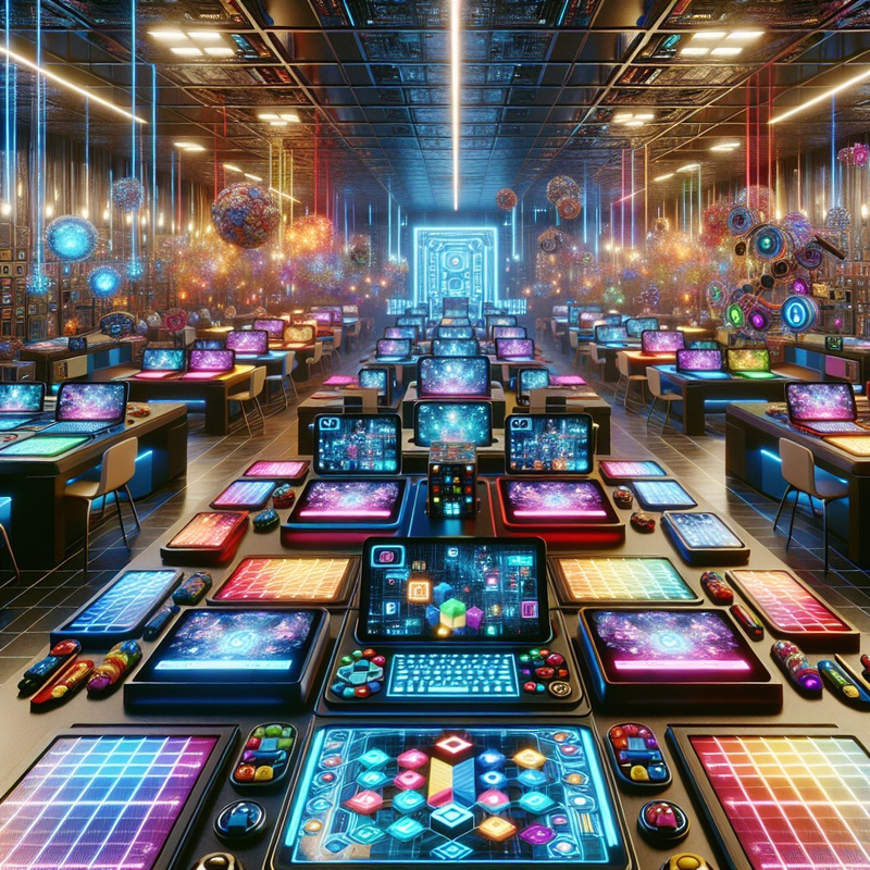 Futuristic classroom with coding gadgets and interactive screens.