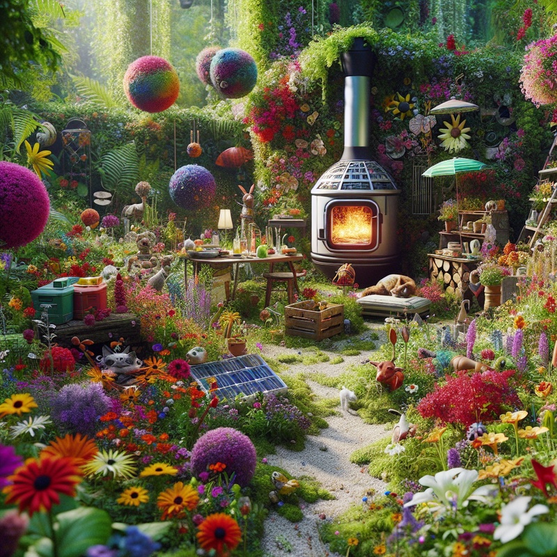 A garden with flowers, recycled art, and a solar oven.