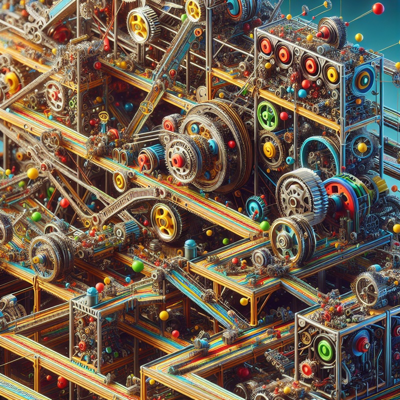 A complex Rube Goldberg machine with colorful parts and intricate design.