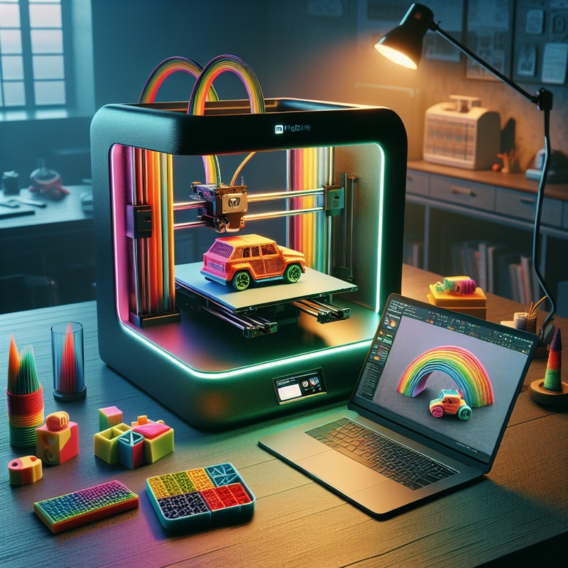 3D printer making a toy car with a laptop showing design software.