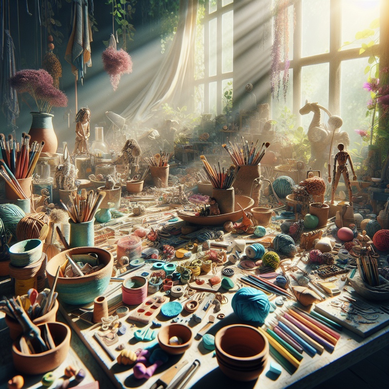Creative workspace with art materials like clay and paper mache on a table.
