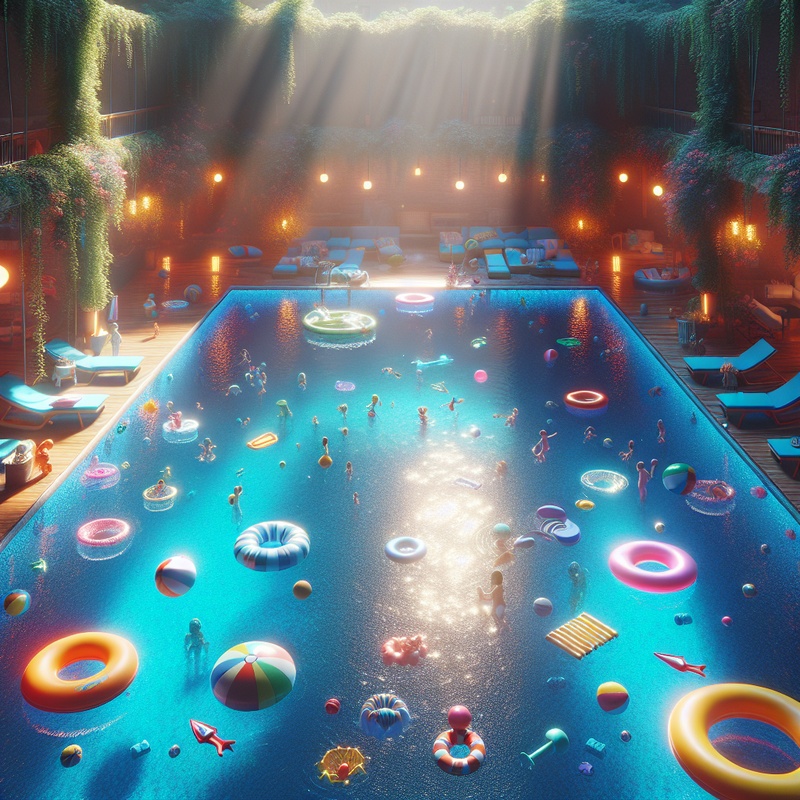 A swimming pool with floating toys and safety gear under sunlight.