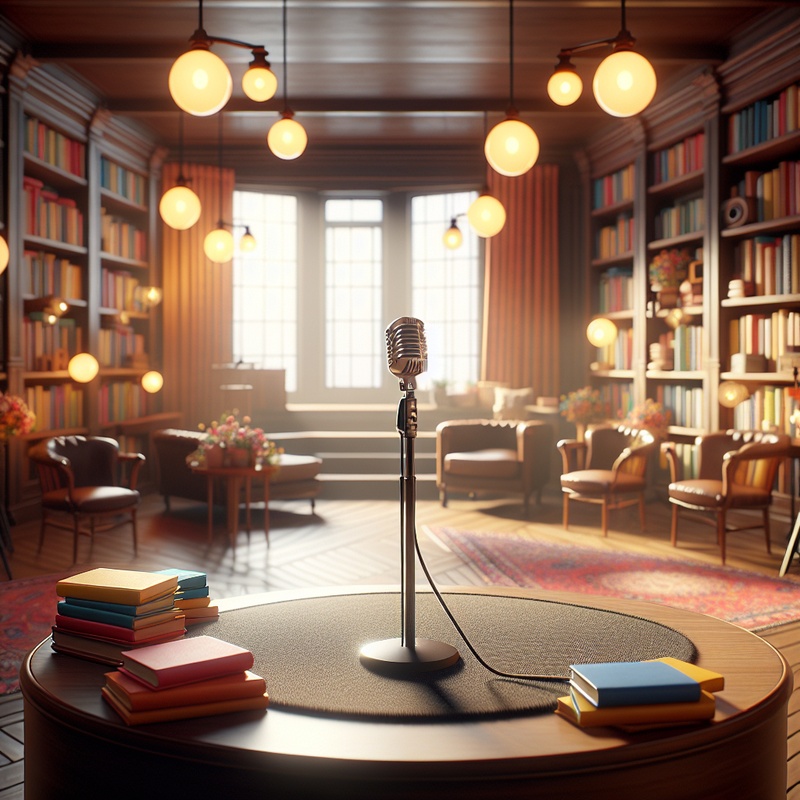 A room with books, a podium, and a microphone, representing a public speaking club.