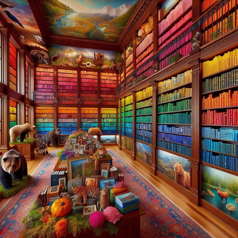 A library with themed book sections and diverse cultural displays.
