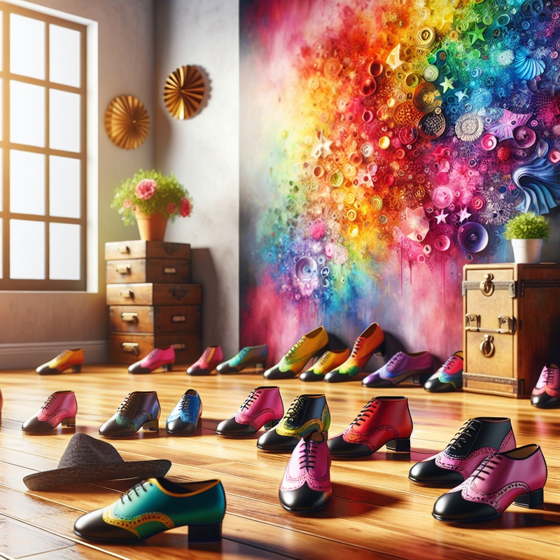 Dance studio with wooden floors, tap shoes, and colorful props.