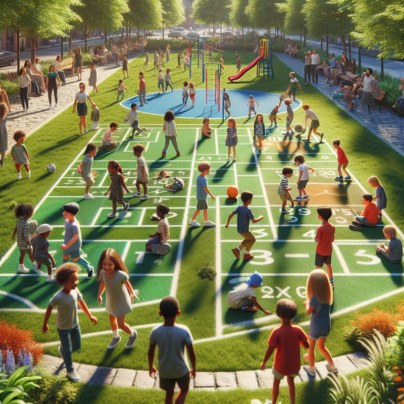 Children playing hopscotch, kickball, and scavenger hunt in a sunny park.