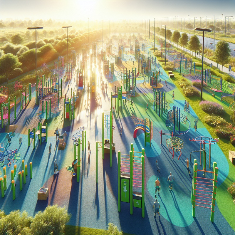 A park with fitness stations and obstacle courses under a clear sky.