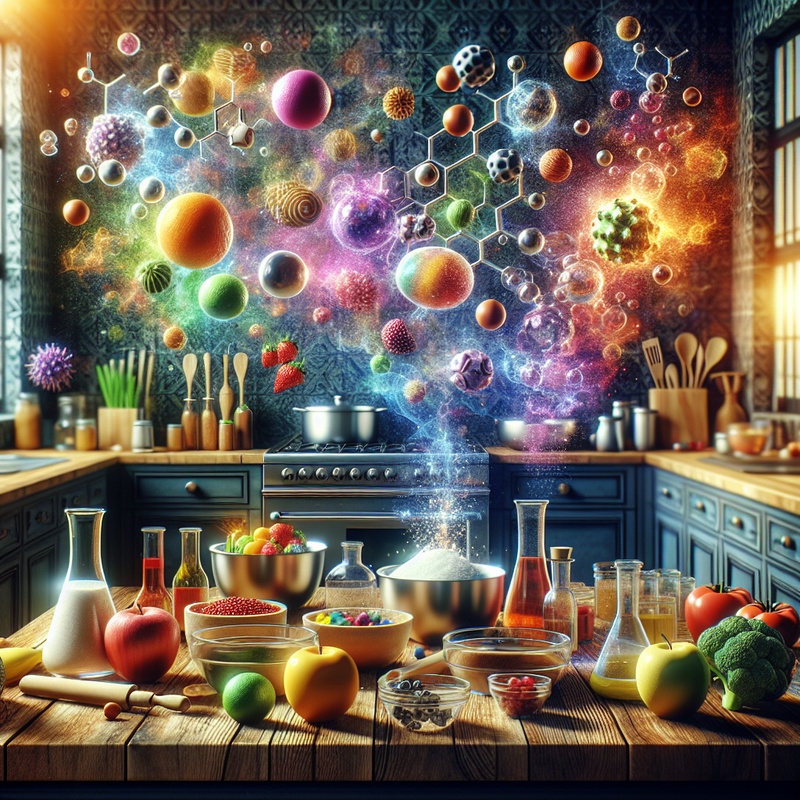 A kitchen with colorful ingredients and mixing bowls illustrating food science.