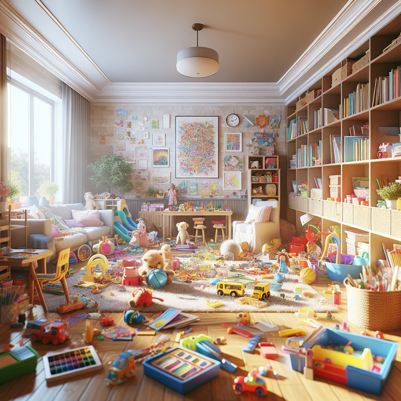 A colorful playroom with toys, art supplies, and books in natural light.