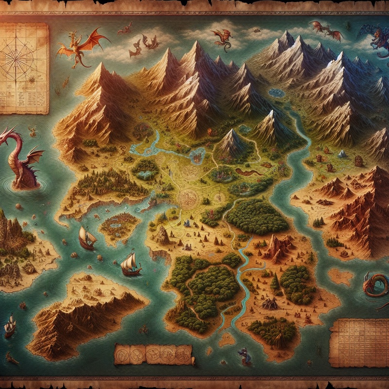 A colorful treasure map with landmarks and mythical creatures on aged paper.