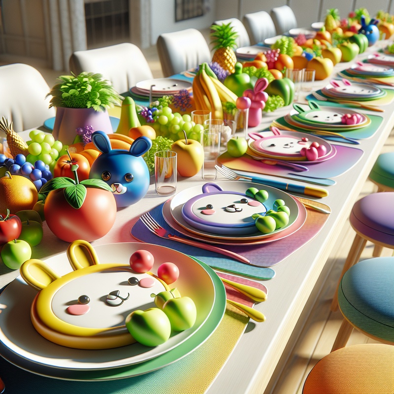Colorful dining table with animal-shaped plates and fresh fruits and vegetables.