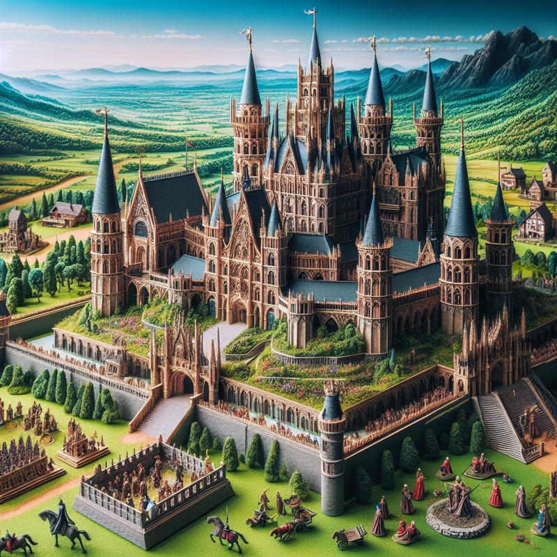 A detailed diorama of a medieval castle with greenery and miniature figures.