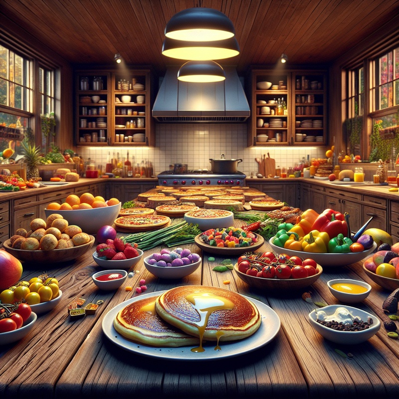 Colorful kitchen with pancakes, pizzas, and veggie wraps.