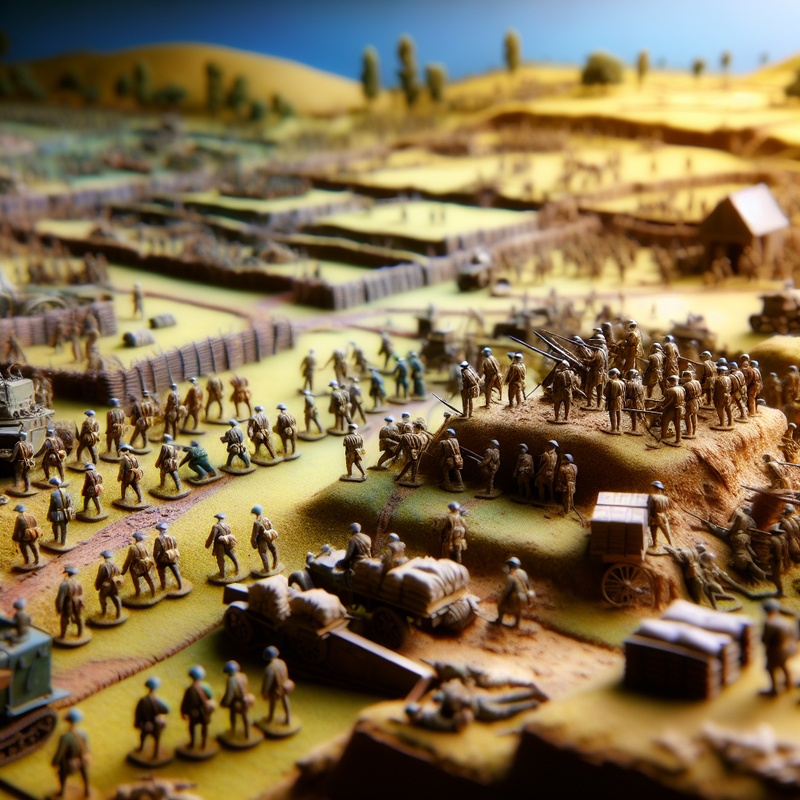 A detailed model of a World War battlefield with miniature figures and terrain.