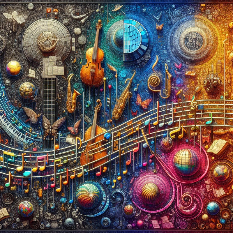 Colorful music history timeline with notes and instruments.