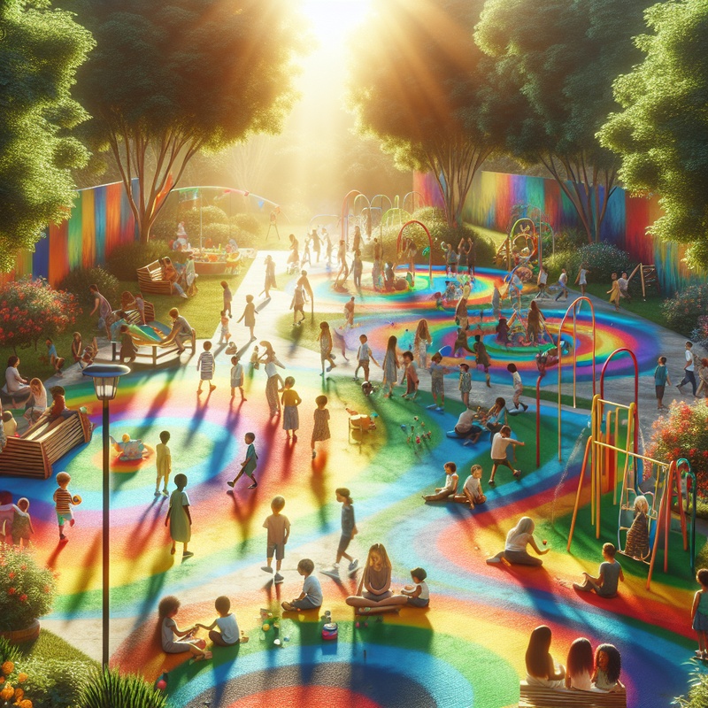 A colorful playground with children playing, representing teamwork and creativity.