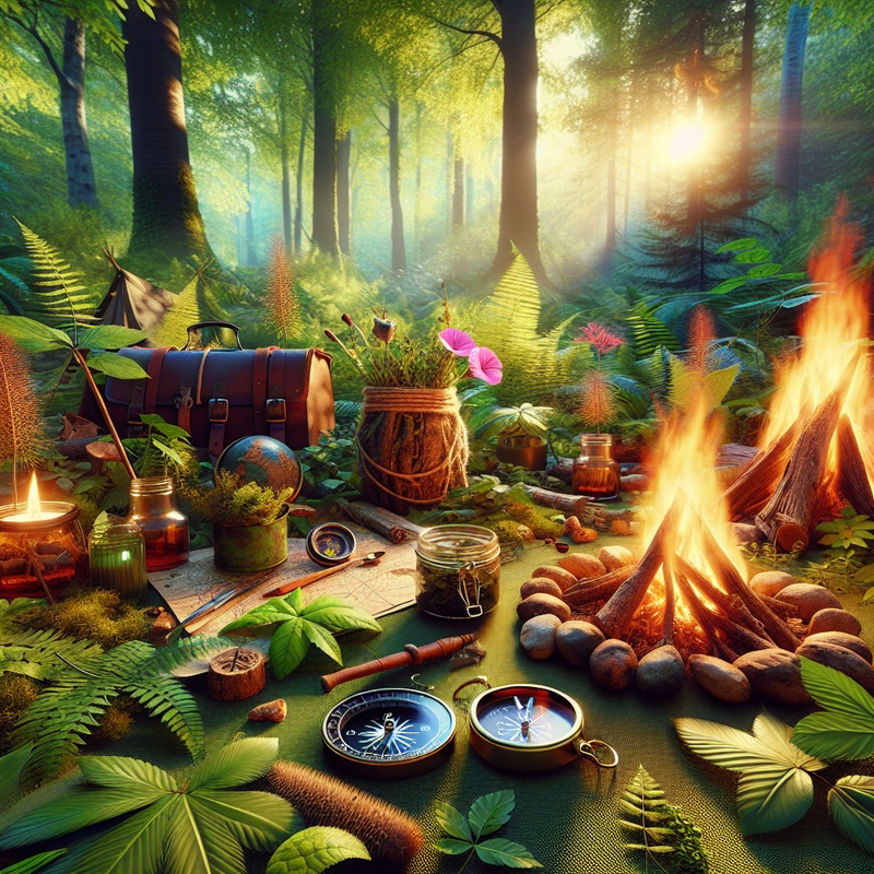 Forest scene with campfire, compass, and edible plants.