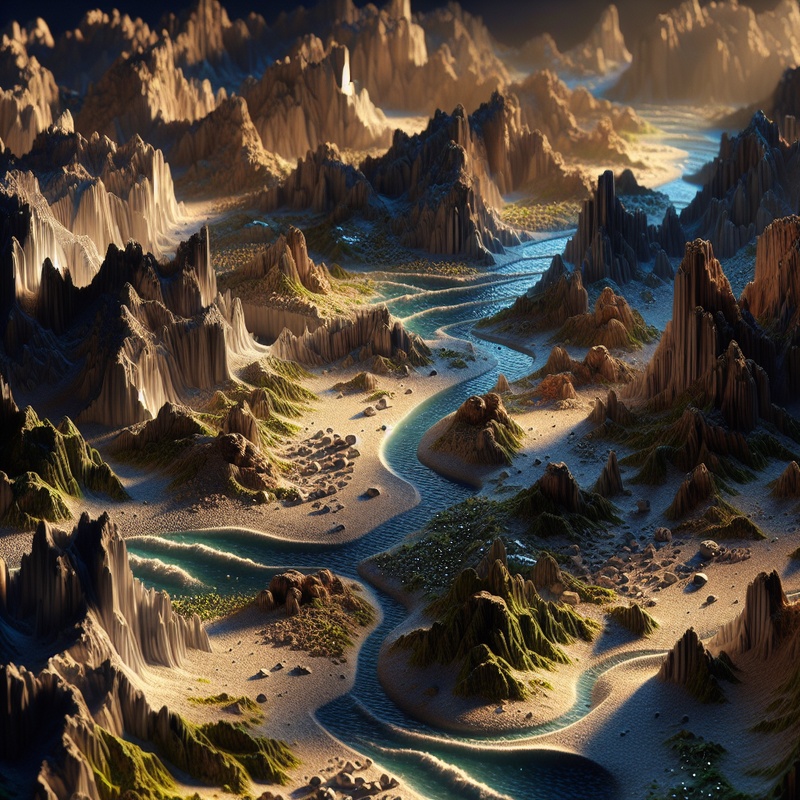 Miniature landscape with sand, rocks, and water showing erosion.