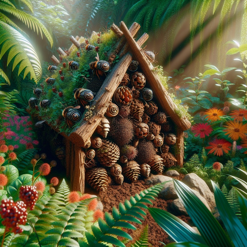 A bug hotel constructed from natural materials in a garden.