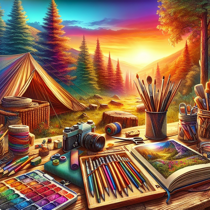 Camping scene with a sunset, nature journal, and art supplies on a table.