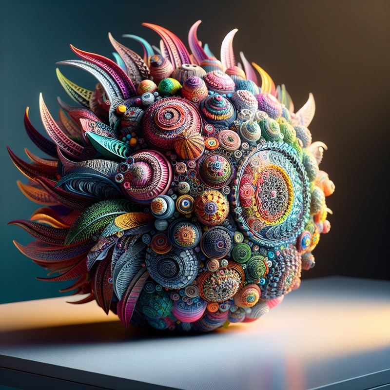 A colorful sculpture crafted from household items, displayed on a clean workspace.