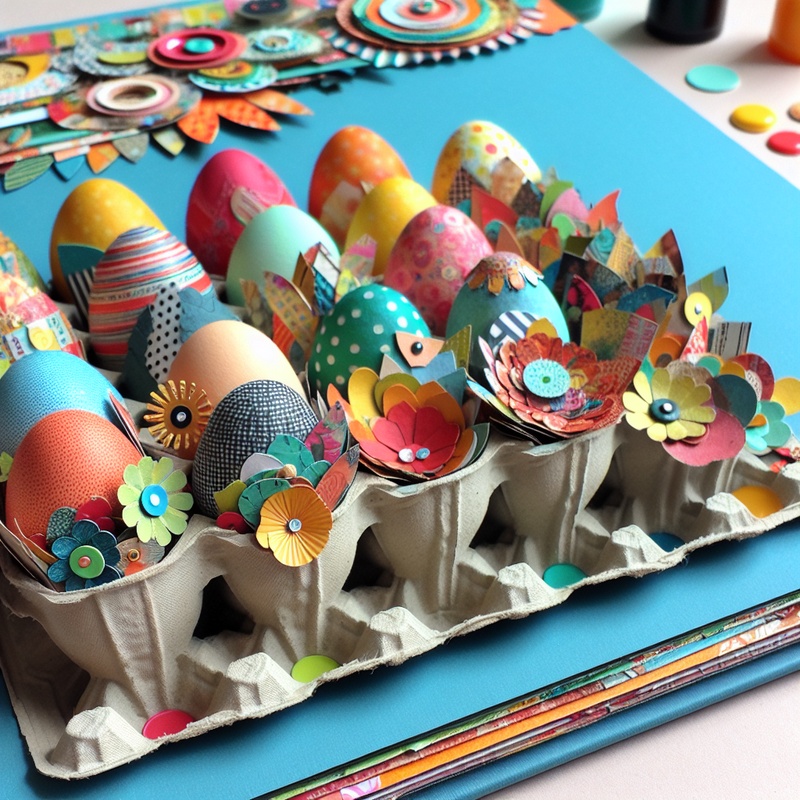 A scrapbook page with colorful cutouts and fabric scraps.